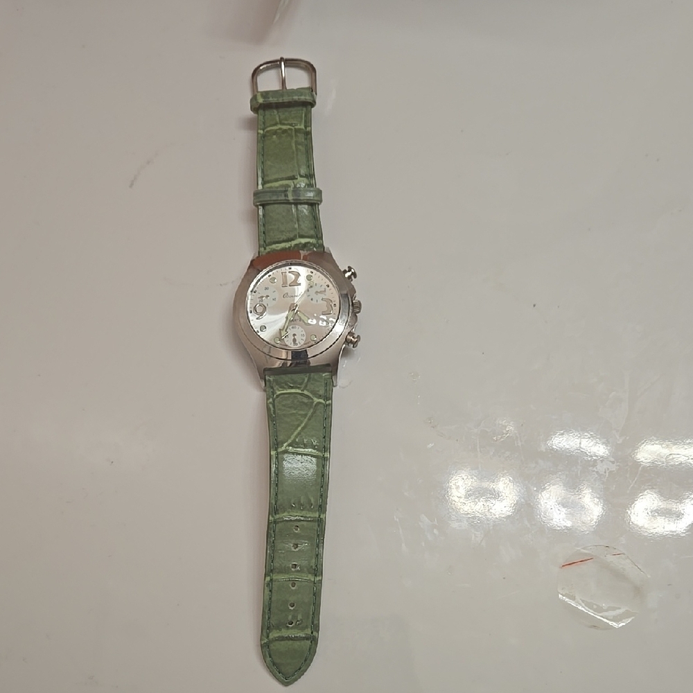 Green Leather Strap Silver Watch